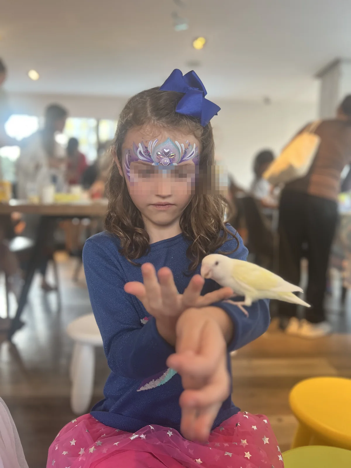 Privacy-safe child holding a Magical Guy parrot during a birthday party